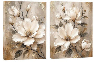 Neutral magnolia diptych canvas art for modern bedroom and living room decor