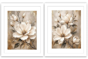Neutral magnolia diptych canvas art for modern bedroom and living room decor