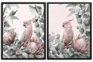 Pink cockatoo botanical canvas art with eucalyptus for soft nursery decor.