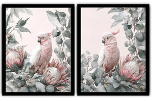 Pink cockatoo botanical canvas art with eucalyptus for soft nursery decor.