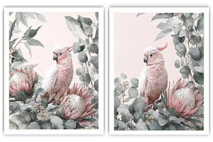 Pink cockatoo botanical canvas art with eucalyptus for soft nursery decor.