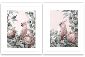 Pink cockatoo botanical canvas art with eucalyptus for soft nursery decor.