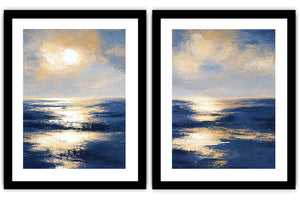 Blue and gold ocean canvas art with sunlit waves for luxury living room decor.