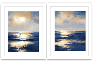 Blue and gold ocean canvas art with sunlit waves for luxury living room decor.