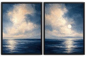 Moonlit deep blue ocean canvas art for serene bedroom wall decor.