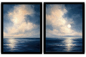 Moonlit deep blue ocean canvas art for serene bedroom wall decor.