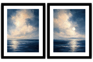 Moonlit deep blue ocean canvas art for serene bedroom wall decor.