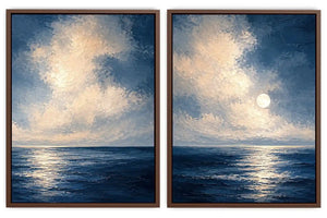 Moonlit deep blue ocean canvas art for serene bedroom wall decor.
