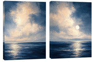 Moonlit deep blue ocean canvas art for serene bedroom wall decor.