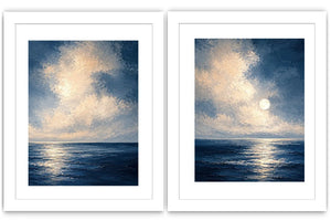 Moonlit deep blue ocean canvas art for serene bedroom wall decor.