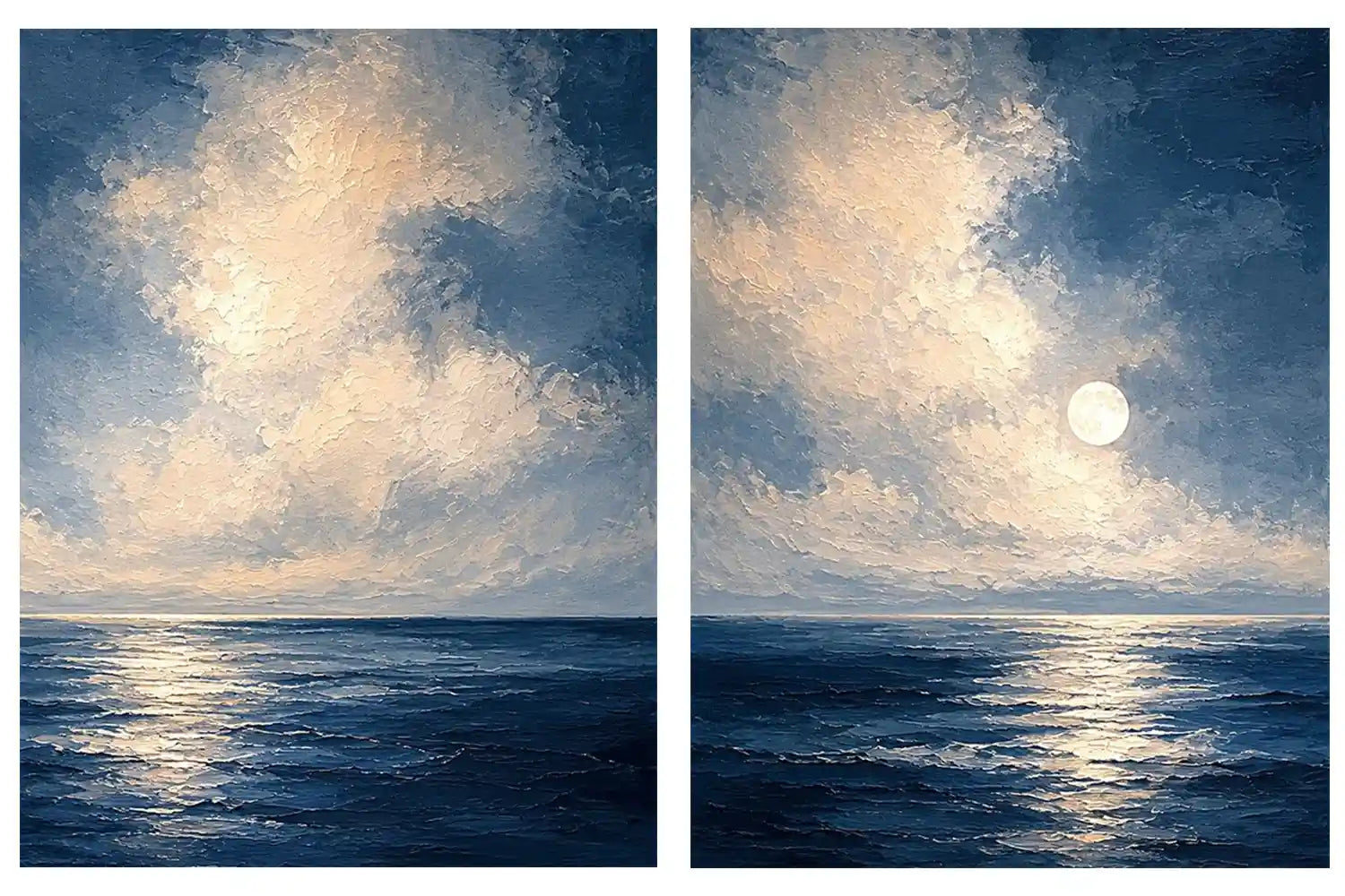 Moonlit deep blue ocean canvas art for serene bedroom wall decor.