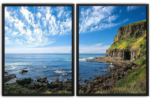 Coastal cliff photography canvas art with blue ocean for modern office decor.