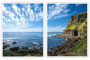 Coastal cliff photography canvas art with blue ocean for modern office decor.