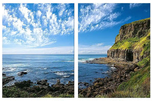 Coastal cliff photography canvas art with blue ocean for modern office decor.