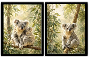 Koala eucalyptus diptych canvas art for peaceful nursery or living room decor.
