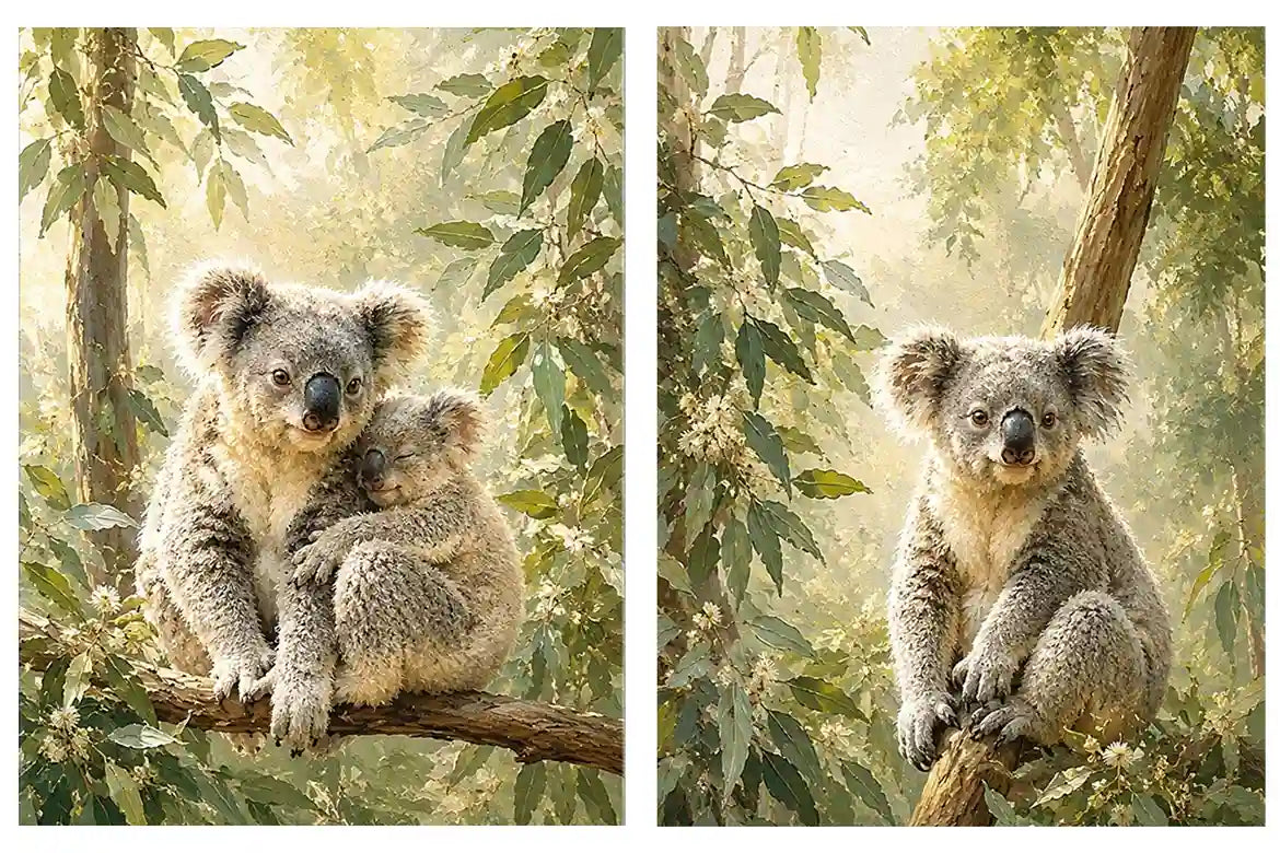Koala eucalyptus diptych canvas art for peaceful nursery or living room decor.