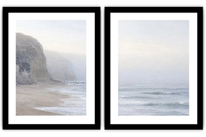 Misty coastal cliff diptych wall art for calm beach house interiors.