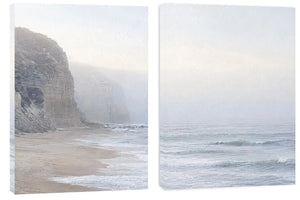 Misty coastal cliff diptych wall art for calm beach house interiors.