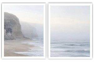 Misty coastal cliff diptych wall art for calm beach house interiors.