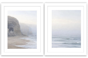 Misty coastal cliff diptych wall art for calm beach house interiors.