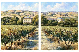 Sunlit vineyard landscape canvas art for rustic dining room decor.