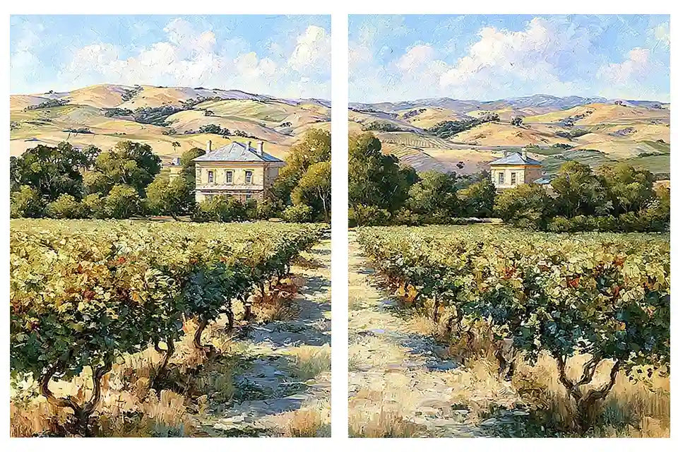 Sunlit vineyard landscape canvas art for rustic dining room decor.