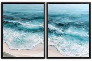 Turquoise ocean wave diptych canvas art for coastal living room decor.