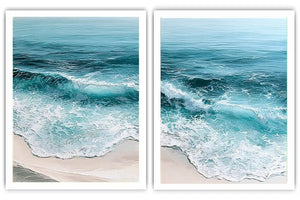 Turquoise ocean wave diptych canvas art for coastal living room decor.
