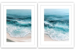 Turquoise ocean wave diptych canvas art for coastal living room decor.