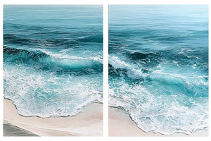 Turquoise ocean wave diptych canvas art for coastal living room decor.