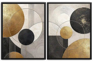 Modern black and gold geometric diptych wall art for contemporary living room decor