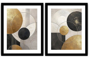 Modern black and gold geometric diptych wall art for contemporary living room decor