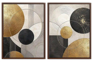 Modern black and gold geometric diptych wall art for contemporary living room decor