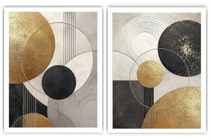 Modern black and gold geometric diptych wall art for contemporary living room decor