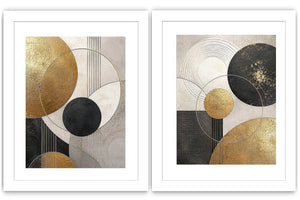 Modern black and gold geometric diptych wall art for contemporary living room decor