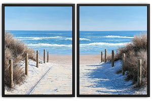 Beach pathway diptych canvas art for bright coastal living room styling.