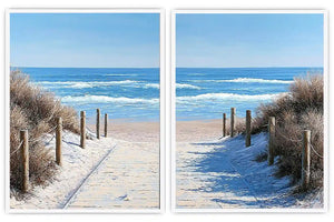 Beach pathway diptych canvas art for bright coastal living room styling.