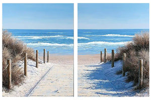 Beach pathway diptych canvas art for bright coastal living room styling.