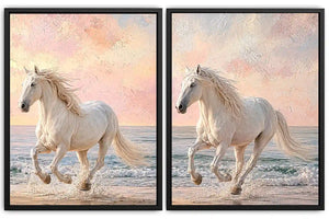 White horse beach canvas art with pastel coastal style for bedroom decor.