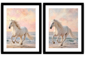 White horse beach canvas art with pastel coastal style for bedroom decor.