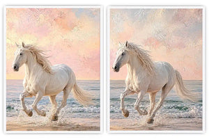White horse beach canvas art with pastel coastal style for bedroom decor.