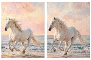 White horse beach canvas art with pastel coastal style for bedroom decor.