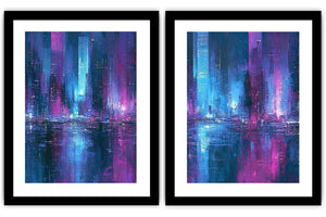 Neon abstract cityscape canvas art for bold modern office decor.