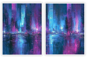 Neon abstract cityscape canvas art for bold modern office decor.