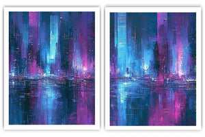 Neon abstract cityscape canvas art for bold modern office decor.