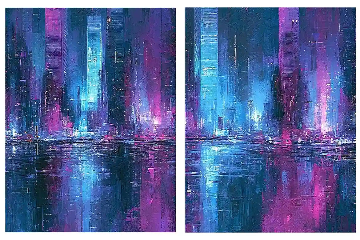 Neon abstract cityscape canvas art for bold modern office decor.