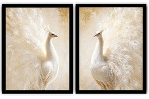 White peacock feather canvas art for elegant luxury bedroom decor.