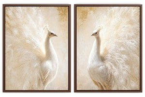 White peacock feather canvas art for elegant luxury bedroom decor.