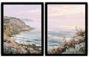 Pastel coastal cliff and wildflower framed print for elegant bedroom decor.