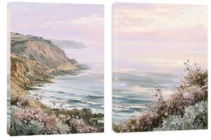Pastel coastal cliff and wildflower framed print for elegant bedroom decor.